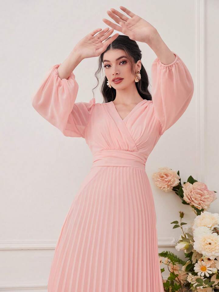 CM-DS466236 Women Elegant Seoul Style Surplice V-Neck High Waist Pleated Hem A-Line Dress - Dusty Pink