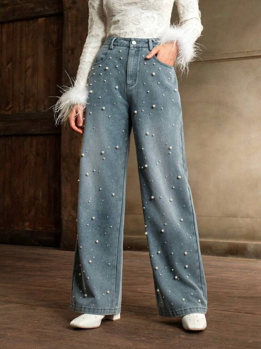 CM-BS784611 Women Elegant Seoul Style Light Wash Pearl Wide Leg Denim Trousers