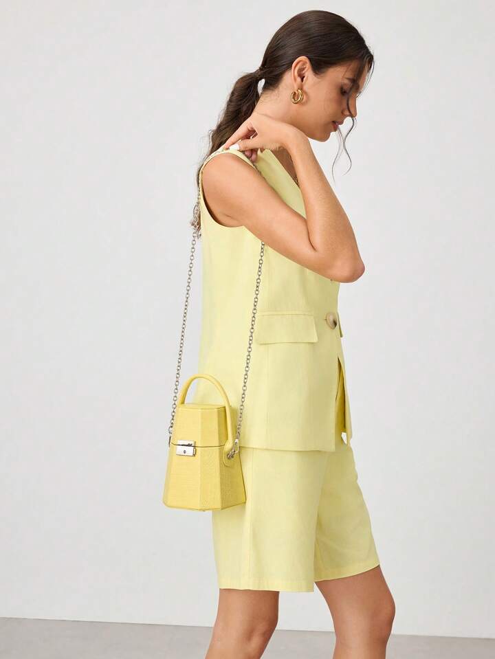 CM-BGS870077 Women Trendy Seoul Style Geometric Pattern Handheld Box Bag - Yellow