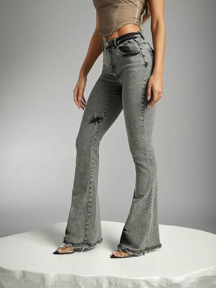CM-BS954336 Women Casual Seoul Style Distressed Frayed Details Flare Leg Denim Jeans - Light Gray