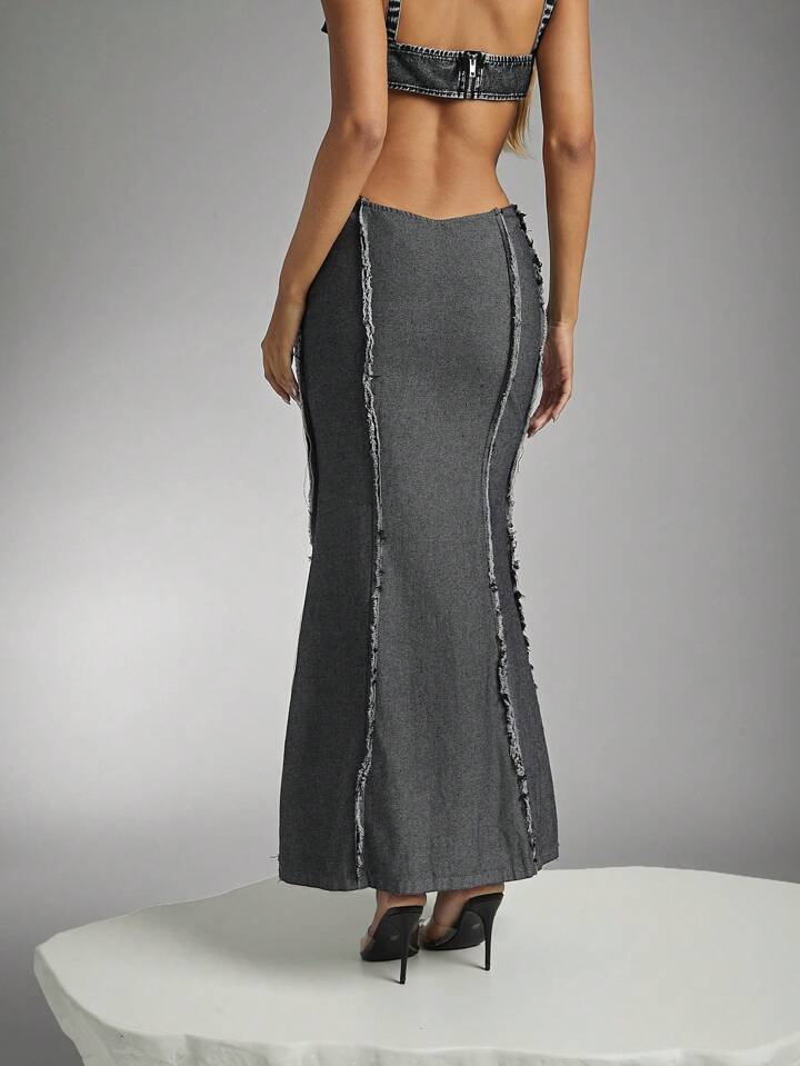 CM-BS448897 Women Casual Seoul Style Asymmetric Waist Patchwork Raw Hem Maxi Denim Skirt - Black