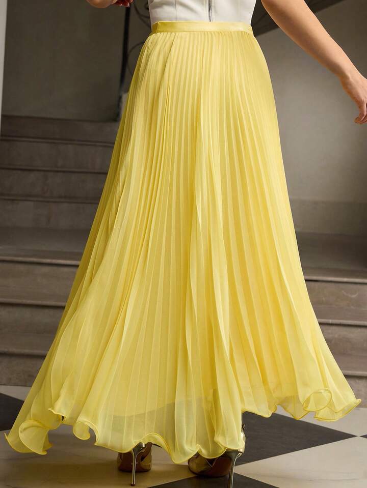 CM-BS180003 Women Elegant Seoul Style Ultra High Waist Pleated Flowy A-Line Long Skirt - Yellow