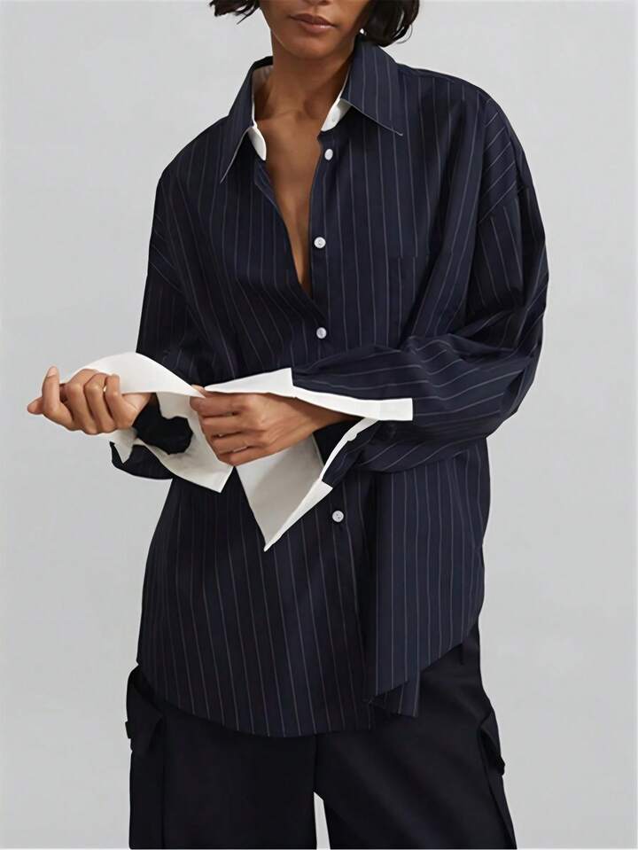 CM-TS867357 Women Elegant Seoul Style Shirt Collar Button Front Long Sleeve Striped Blouse - Navy Blue