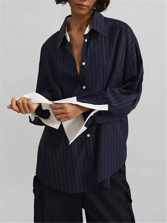 CM-TS867357 Women Elegant Seoul Style Shirt Collar Button Front Long Sleeve Striped Blouse - Navy Blue