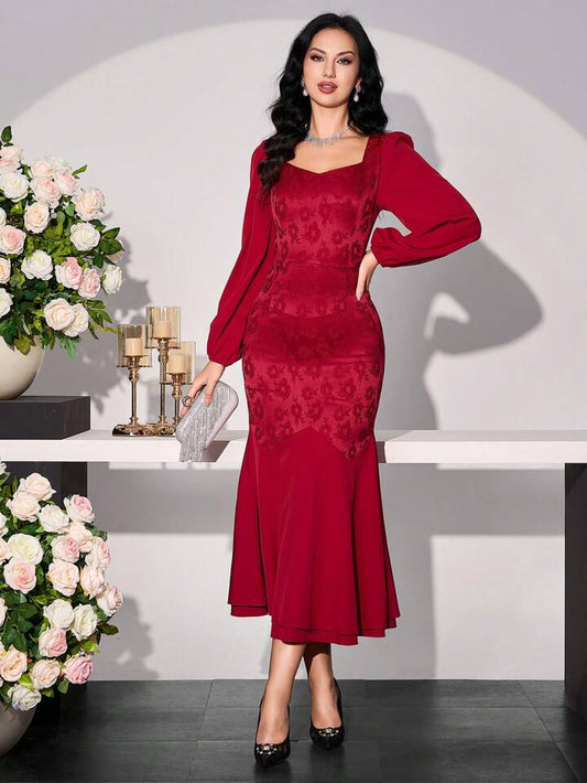 CM-DS997032 Women Elegant Seoul Style Sweetheart Neck Lantern Sleeve Mermaid Hem Lace Dress - Burgundy