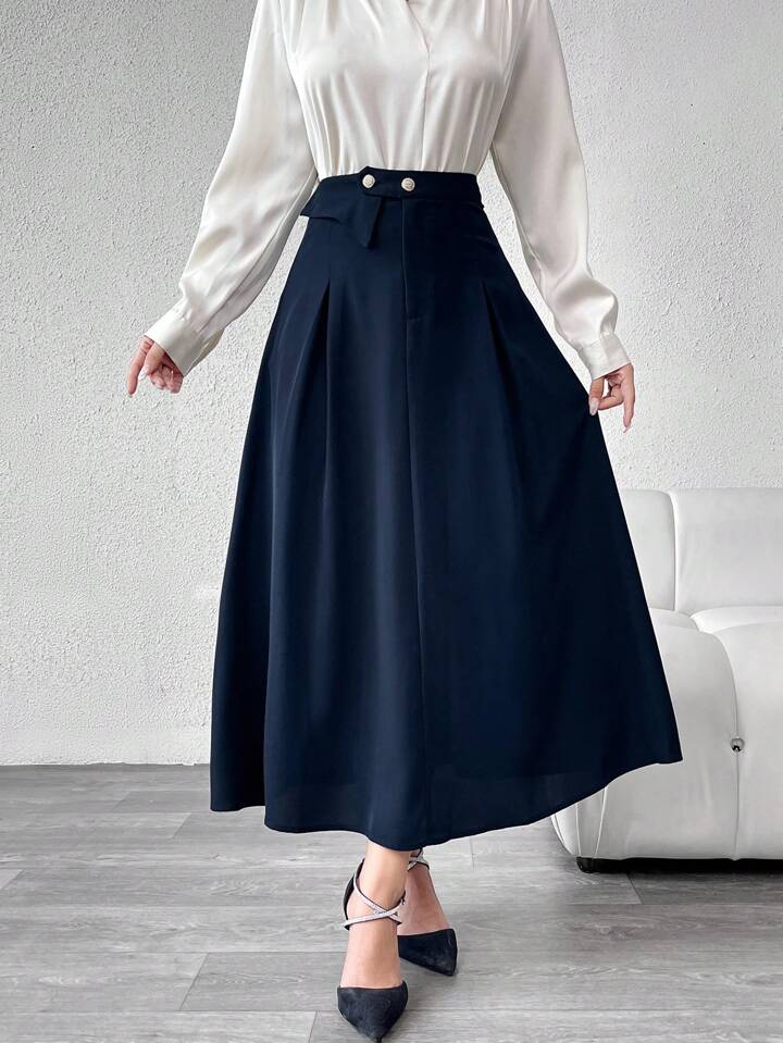 CM-BS522366 Women Elegant Seoul Style Button Decor Flared Hem A-Line Skirt - Navy Blue