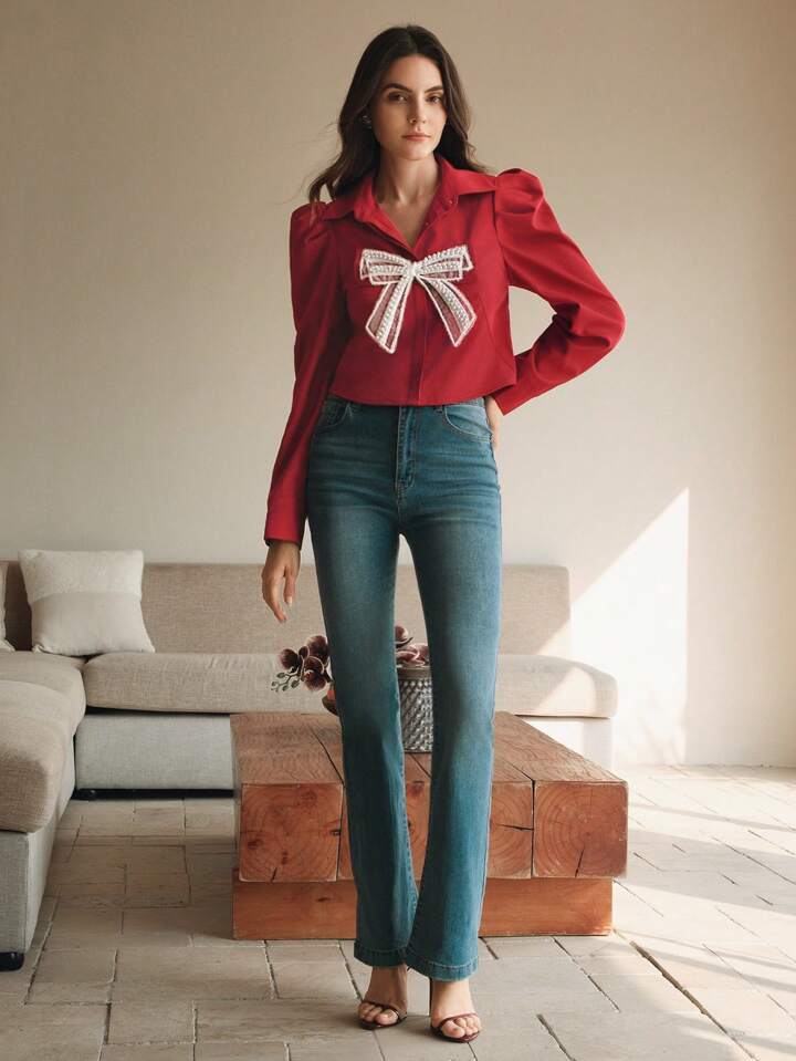 CM-TS919720 Women Elegant Seoul Style Collar Neckline Butterfly Pearl Floral Long Sleeve Blouse - Red