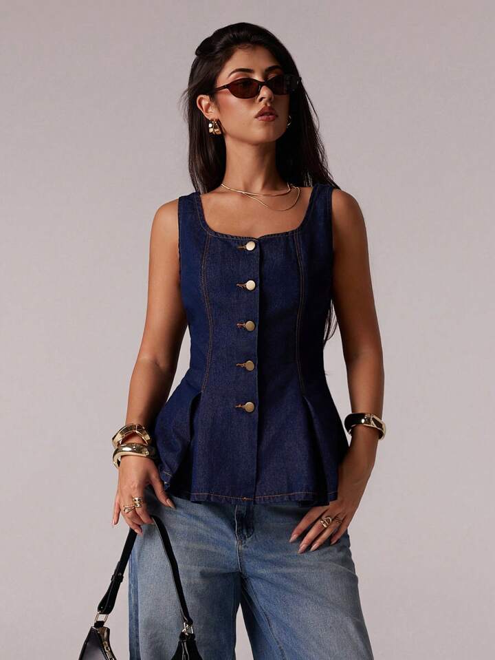 CM-TS395979 Women Elegant Seoul Style Scoop Neck Sleeveless Open Back Denim Top - Blue