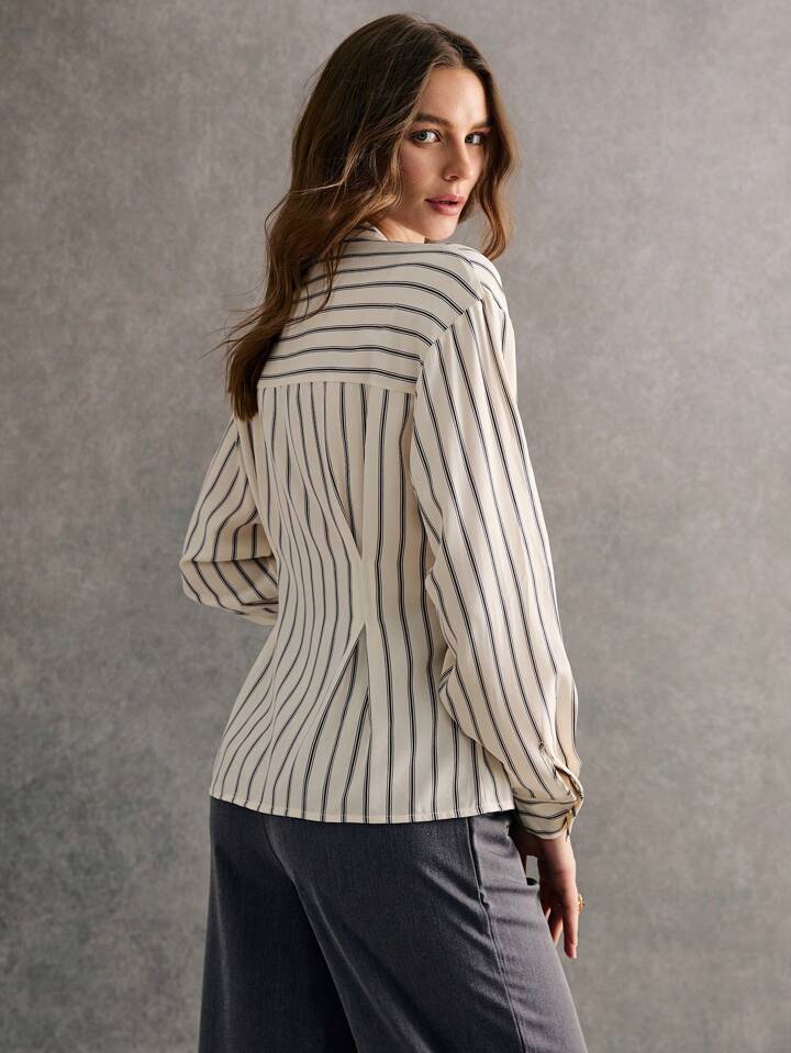 CM-TS659443 Women Casual Seoul Style Striped ShirtV-Neck Long-Sleeved Mid-Length Shirt - Apricot