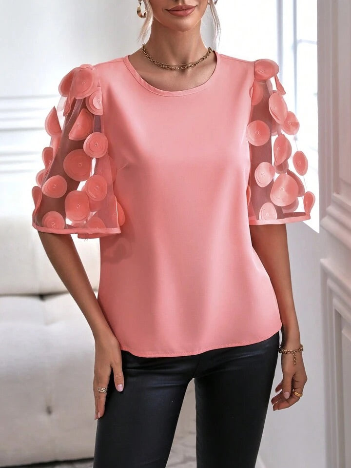 CM-TS384444 Women Casual Seoul Style Round Neck Contrast Mesh Sleeve Blouse - Coral Pink