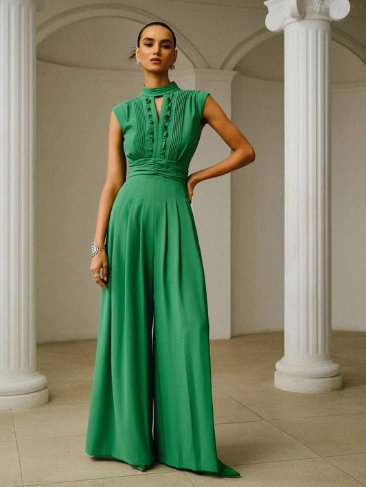 CM-JS307977 Women Elegant Seoul Style Notched Neckline Sleeveless Gathered Wide Leg Jumpsuit - Green