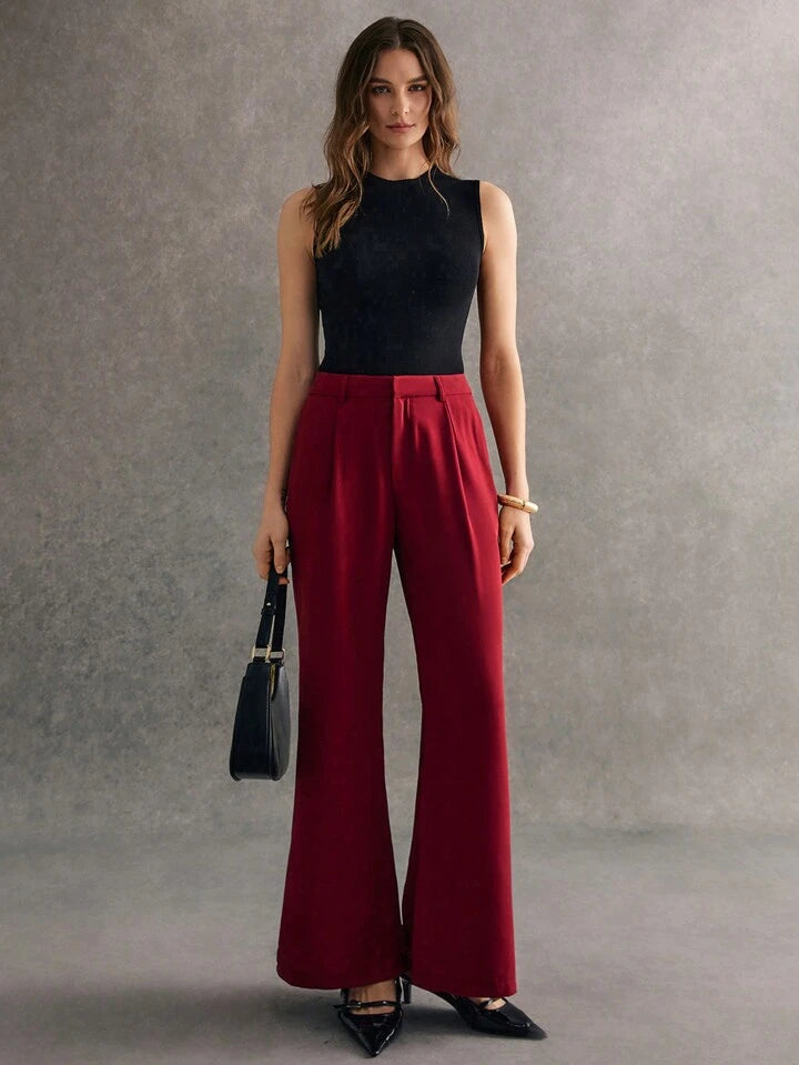 CM-BS561105 Women Elegant Seoul Style Solid Color Flare Leg Pocket Detail Long Pants - Burgundy