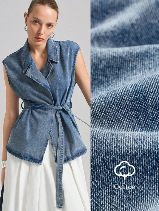 CM-TS292467 Women Casual Seoul Style Dark Wash Waterfall Neckline Sleeveless Denim Vest With Removable Belt
