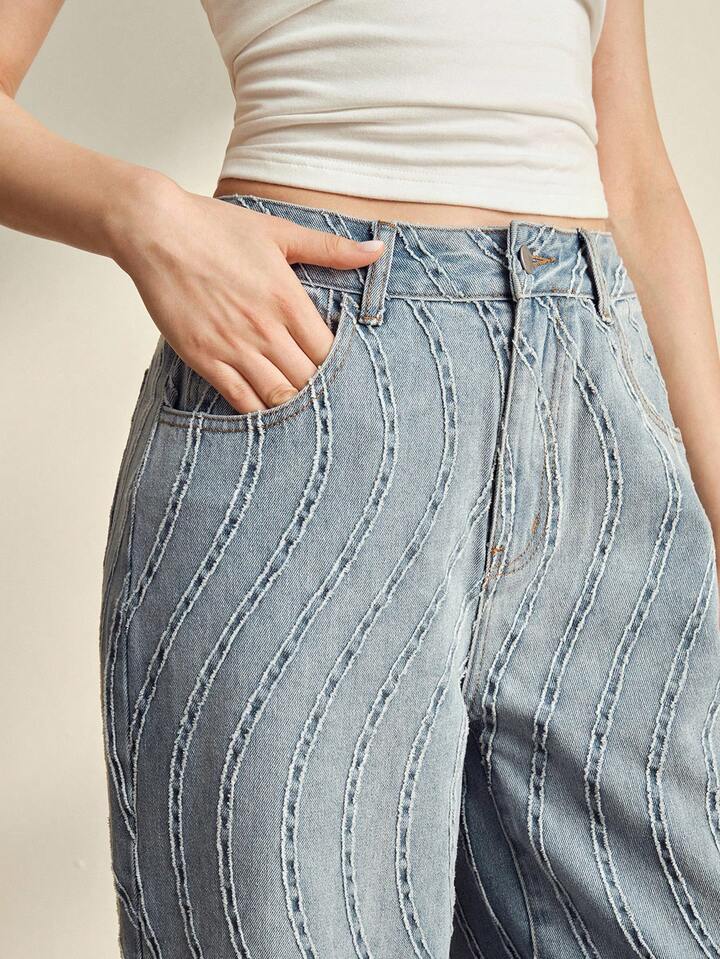 CM-BS195590 Women Casual Seoul Style Mid Waist Jacquard Gradient Straight Leg Jeans - Blue