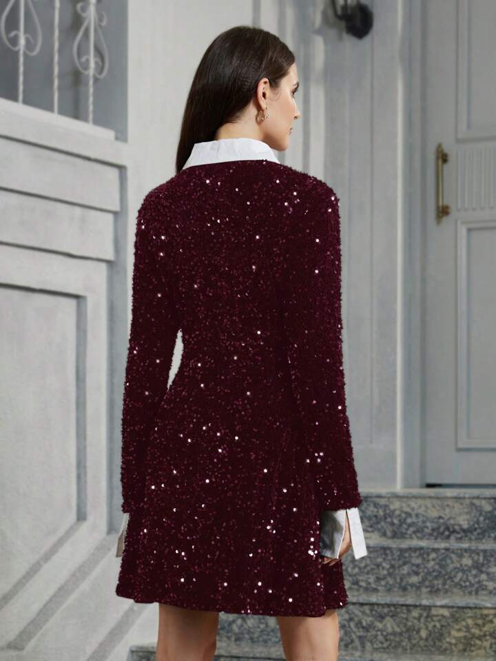 CM-DS117007 Women Elegant Seoul Style Sequin Patchwork Colorblock Shirt Collar Long Sleeve Midi Dress