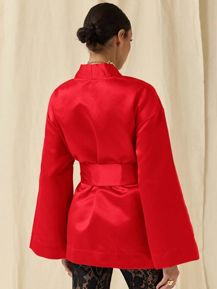 CM-DS752680 Women Elegant Seoul Style Solid Color Deep V-Neck Bell Sleeve Mini Dress - Red