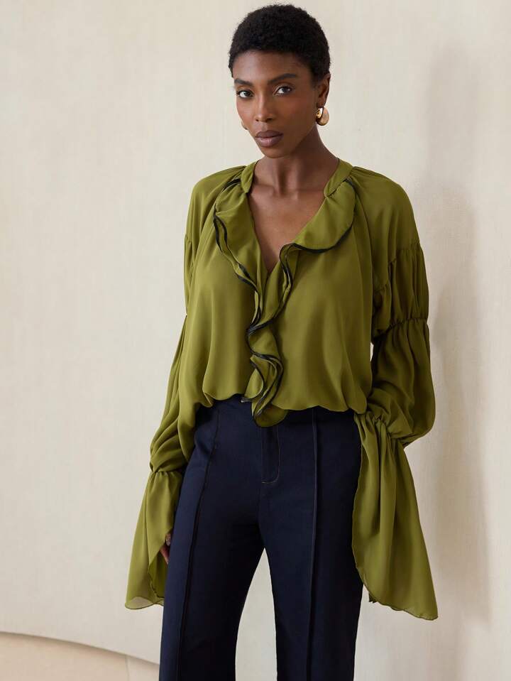 CM-TS564058 Women Elegant Seoul Style V-Neck Ruffle Trim Extra Long Sleeve Oversized Blouse