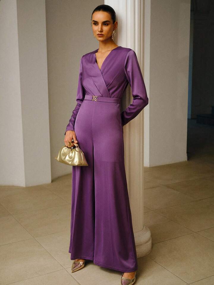 CM-JS525172 Women Elegant Seoul Style V-Neck Long Sleeve Satin Jumpsuit With Detachable Belt - Purple