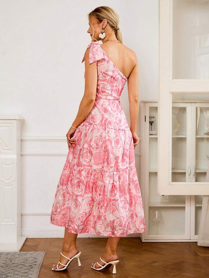 CM-DS902018 Women Elegant Seoul Style One-Shoulder Cut-Out Floral Print Dress - Pink