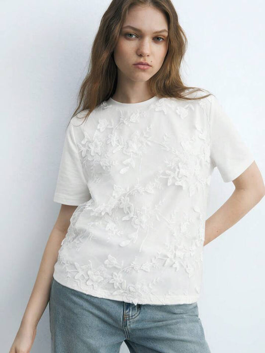 CM-TS222332 Women Casual Seoul Style 3D Floral Embroidery Round Neck Short Sleeve T-Shirt