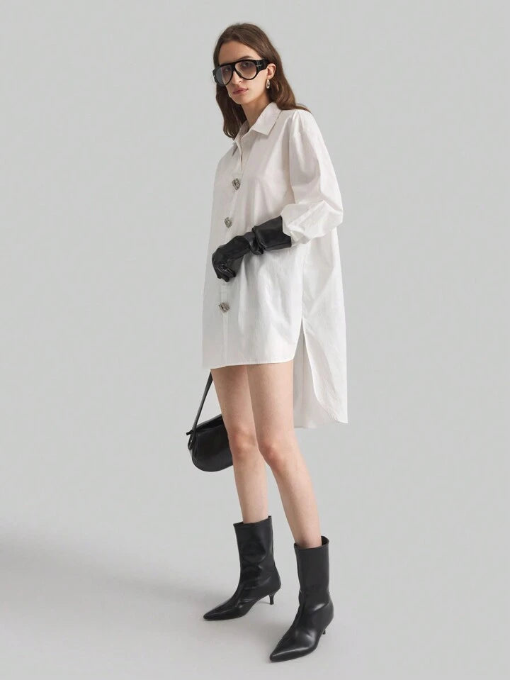 CM-TS195759 Women Casual Seoul Style Collar Neckline Drop Shoulder Asymmetrical Blouse - White