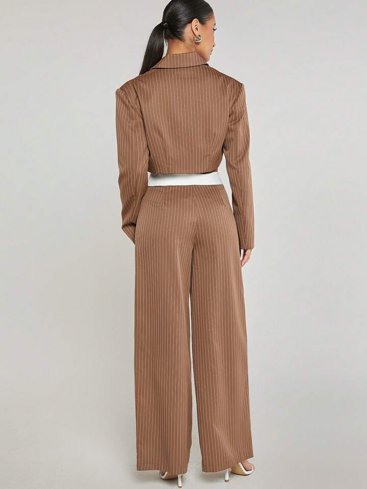 CM-SS360700 Women Elegant Seoul Style Pinstripe Long Sleeve Jacket With Foldover Pants Suit