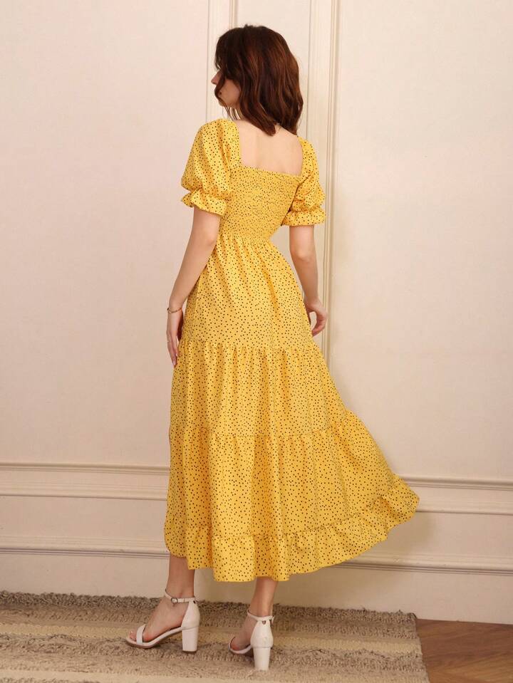 CM-DS114120 Women Trendy Bohemian Style Polka Dot Print Split Puff Sleeve Dress - Yellow