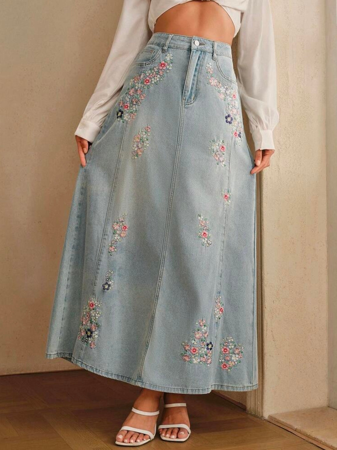 CM-BS230235 Women Casual Seoul Style Mid Waist Embroidery Slimming Design Split A-Line Denim Skirt - Blue