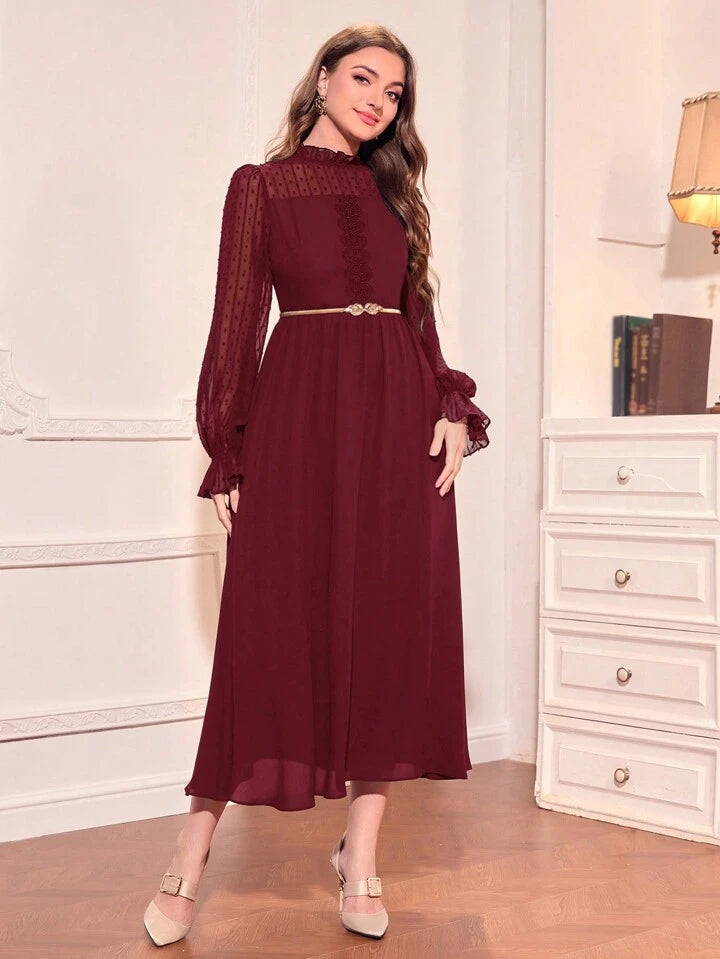 CM-DS265256 Women Elegant Seoul Style Stand Collar Long Sleeve Belted Dress - Burgundy