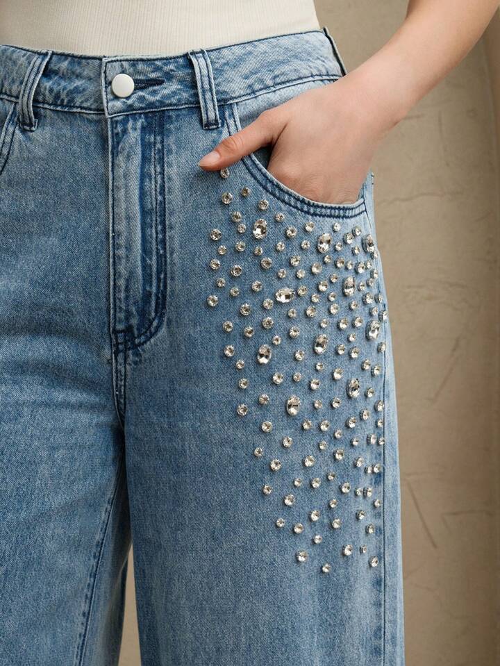 CM-BS971997 Women Elegant Seoul Style Mid Waist Rhinestone Studded Straight-Leg Jeans - Blue