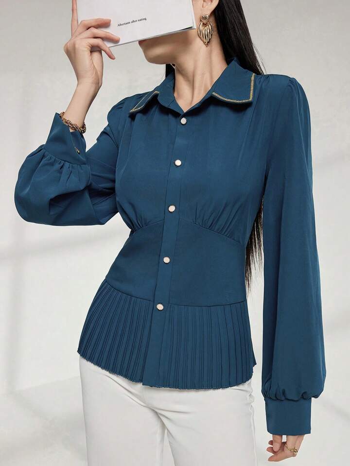 CM-TS121002 Women Casual Seoul Style Collar Neckline Long Sleeve Pleated Patchwork Shirt - Teal Blue