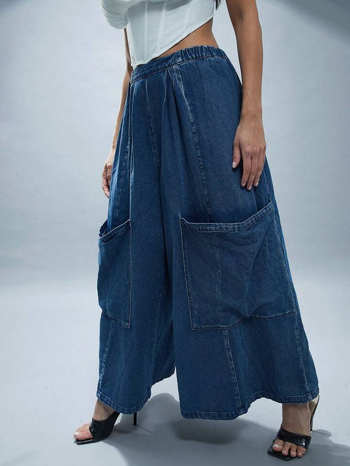 CM-BS112775 Women Casual Seoul Style Dark Wash Oversized Pockets Ultra Wide Leg Jeans