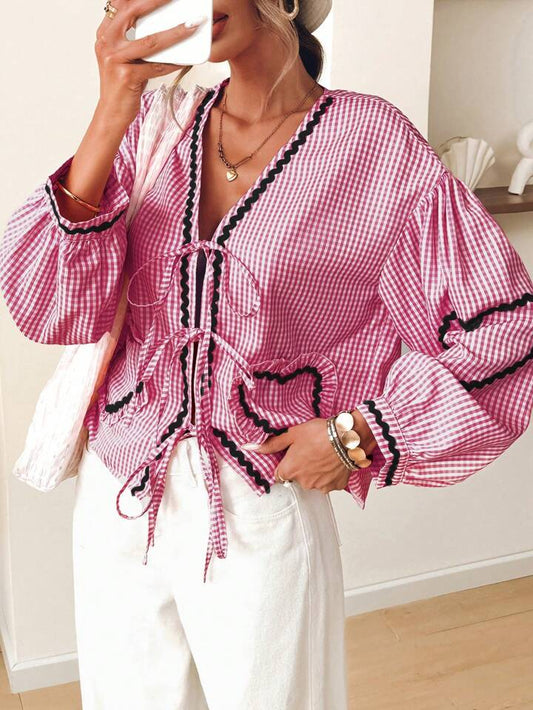 CM-TS337430 Women Trendy Bohemian Style Loose V-Neck Bishop Long Sleeve Blouse