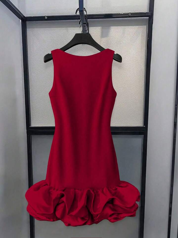 CM-DS314869 Women Elegant Seoul Style Round Neck Sleeveless Ruffle Hem Short A-Line Dress - Burgundy