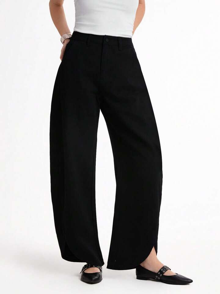 CM-BS928258 Women Casual Seoul Style High Waist Extra Long Loose Fit Wide Leg Jeans - Black