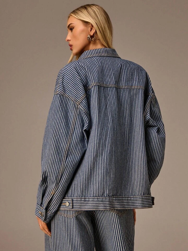 CM-CS757755 Women Casual Seoul Style Collar Neckline Long Sleeve Washed Striped Denim Jacket - Blue