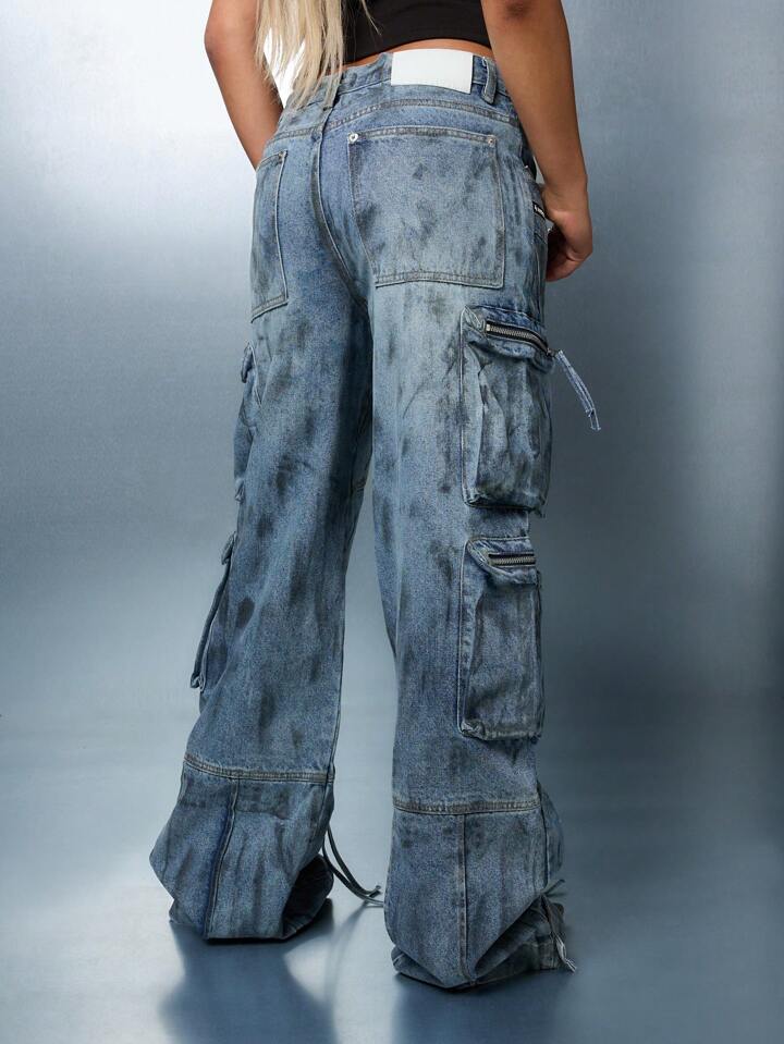 CM-BS206104 Women Casual Seoul Style Zipper Fly Baggy Cargo Denim Jeans - Blue