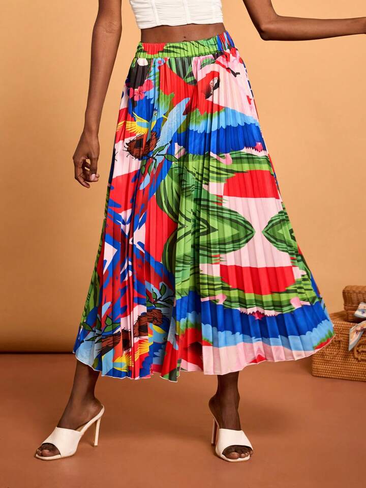 CM-BS871524 Women Trendy Bohemian Style High Waist Tropical Print Pleated Midi Skirt