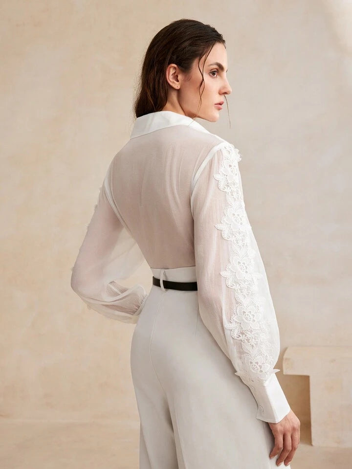 CM-TS788828 Women Elegant Seoul Style 3D Floral Embroidered Collar Necklone Long Sleeve Shirt