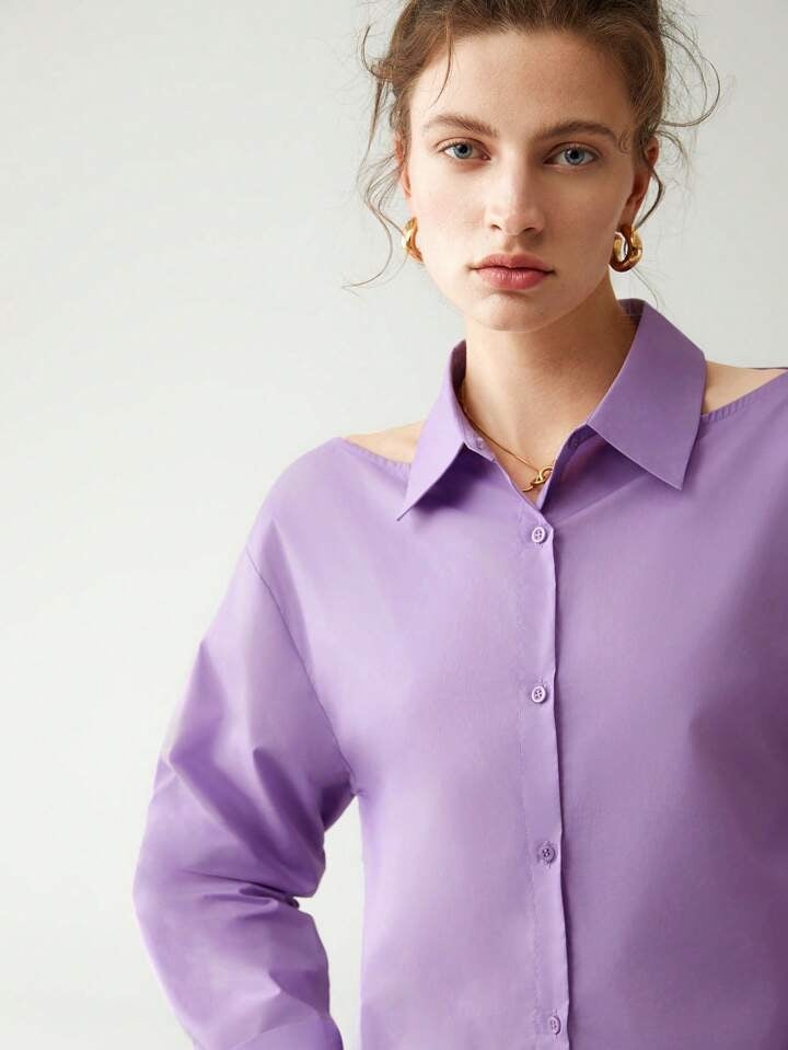 CM-TS048041 Women Casual Seoul Style Cut Out Shoulder Button Front Shirt - Purple