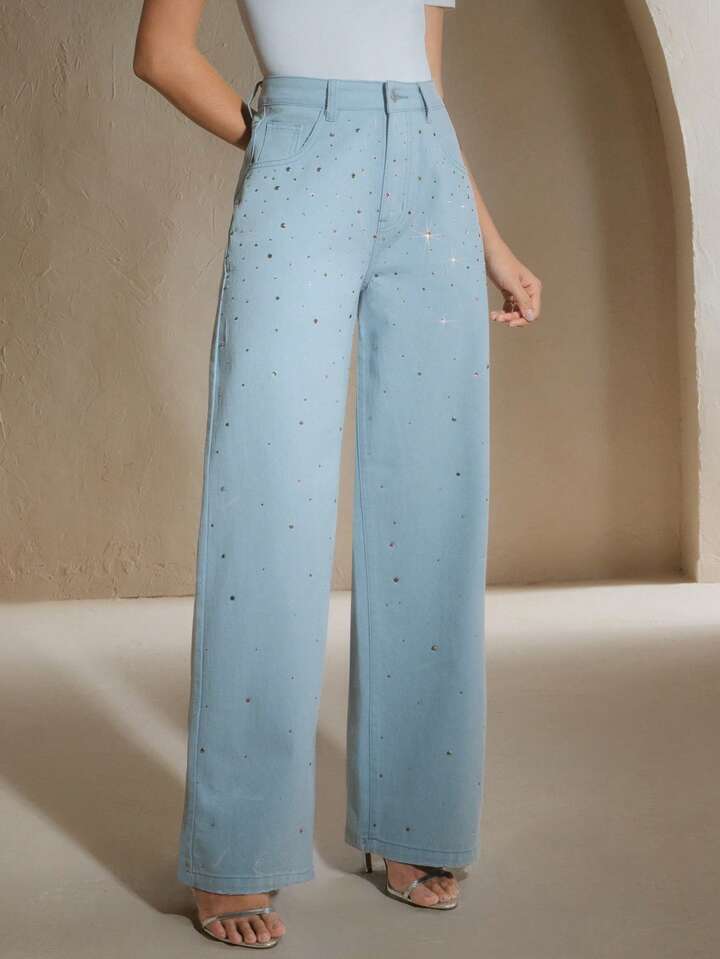 CM-BS558347 Women Casual Seoul Style Mid Waist Rhinestoned Decor Straight Leg Jeans - Blue
