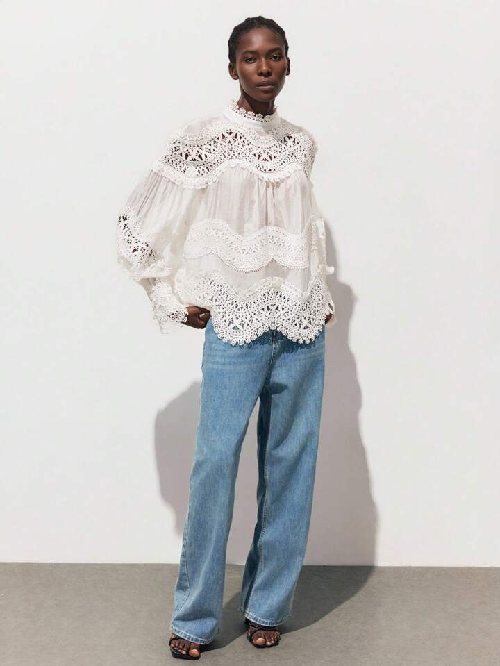 CM-TS762455 Women Trendy Bohemian Style Solid Color Stand Collar Flare Sleeve Lace Patchwork Blouse Top - White