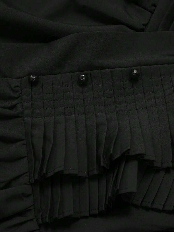 CM-TS444989 Women Elegant Seoul Style V-Neck Flounce Sleeve Multi-Layer Ruffle Pleated Blouse - Black