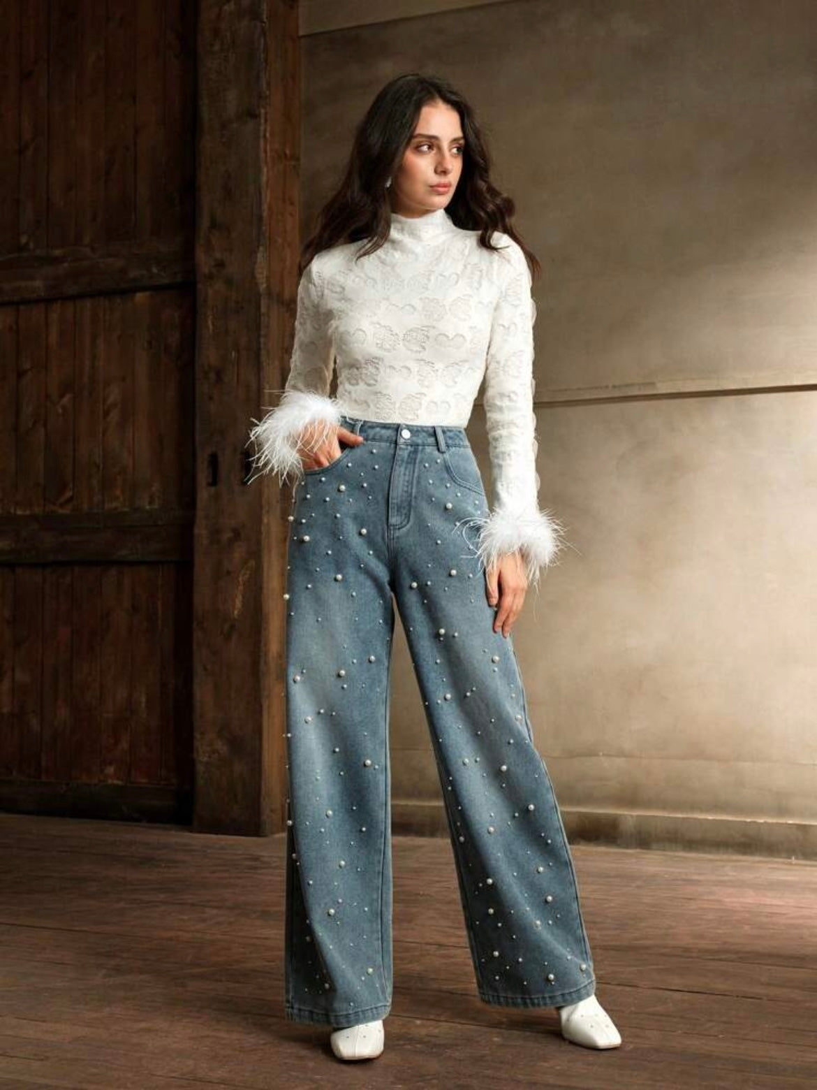 CM-BS784611 Women Elegant Seoul Style Light Wash Pearl Wide Leg Denim Trousers