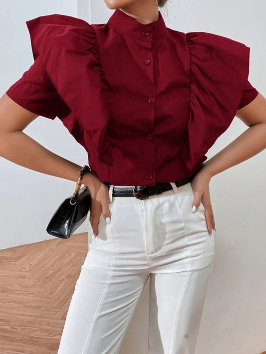 CM-TS056966 Women Casual Seoul Style Ruffle Trim Button Front Shirt - Red