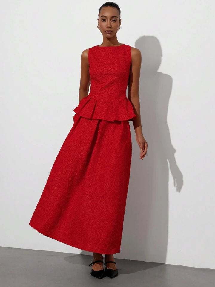CM-SS678805 Women Elegant Seoul Style Sleeveless Jacquard Top With Layered Waist Detail Extra Long Skirt - Set