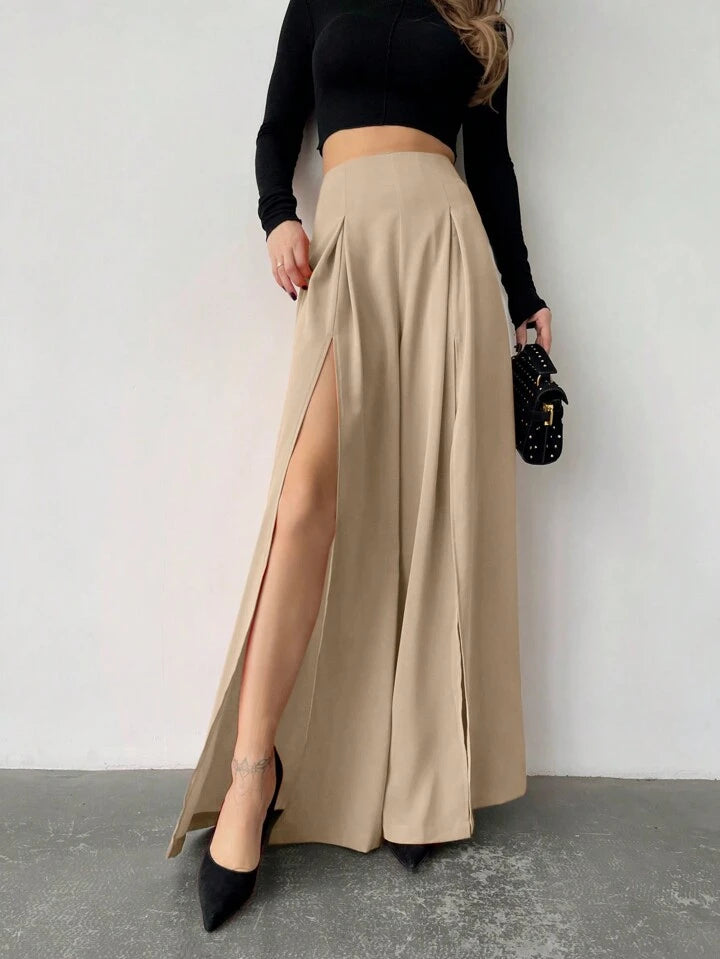 CM-BS632065 Women Casual Seoul Style High Slit Skirt Pants Trousers - Khaki