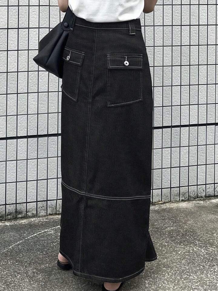 CM-BS727918 Women Casual Seoul Style Multi-Layered Ruffle Patchwork Denim Skirt With Side Slit