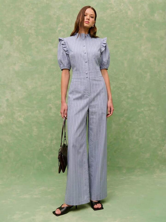 CM-JS373559 Women Casual Seoul Style Ruffled Collar Puff Sleeve Wide Leg Pinstripe Jumpsuit - Blue