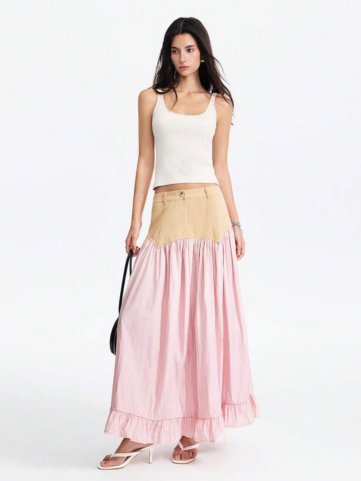 CM-BS028786 Women Casual Seoul Style Striped Asymmetric Patchwork A-Line Ruffle Hem Skirt